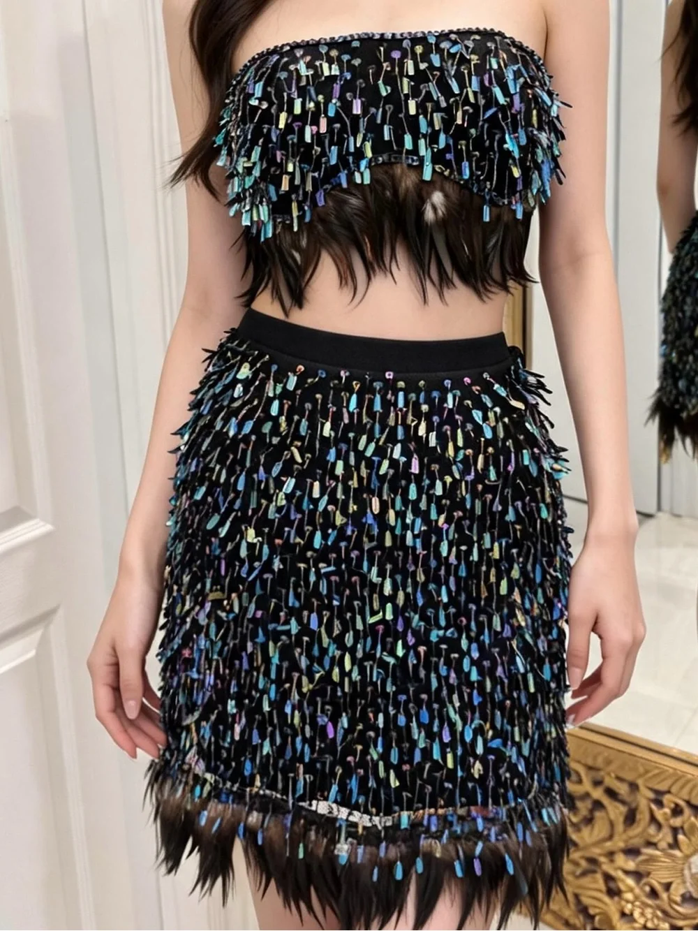 Hand beaded Sequin Fringe feathers Strapless top & Mini Skirt - Black iridescent